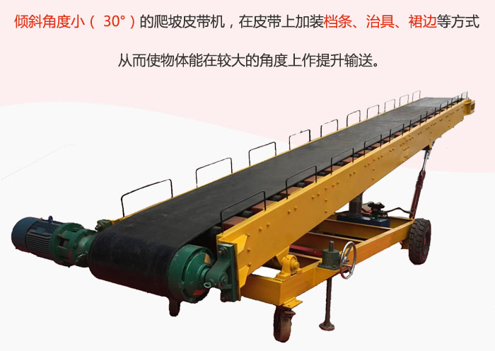 倾斜角度小（ 30°）的爬坡皮带机，在皮带上加装档条、治具、裙边等方式从而使物体能在较大的角度上作提升输送。